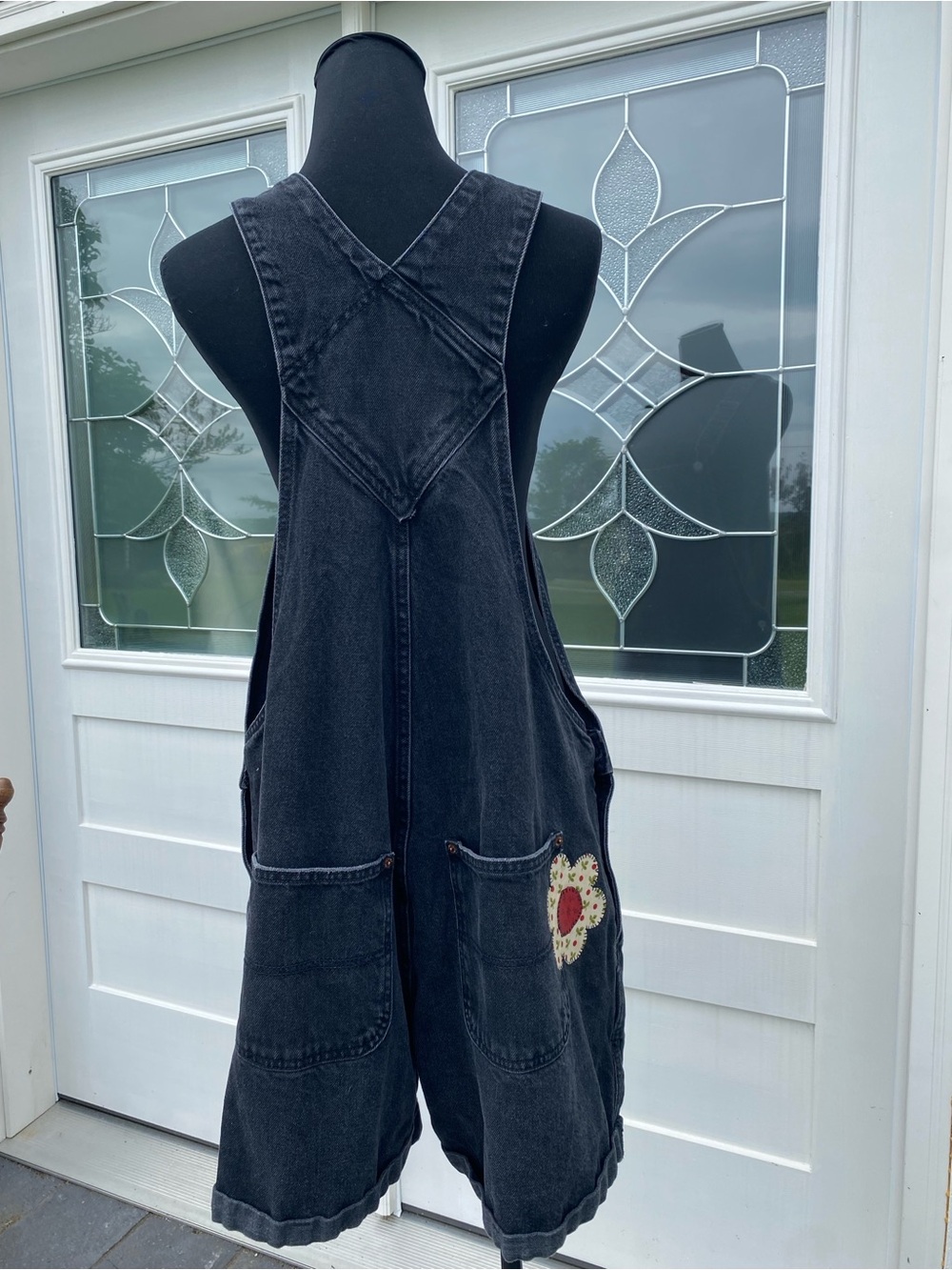 One of a kind upcycled black denim shortalls - Picture 10 of 13